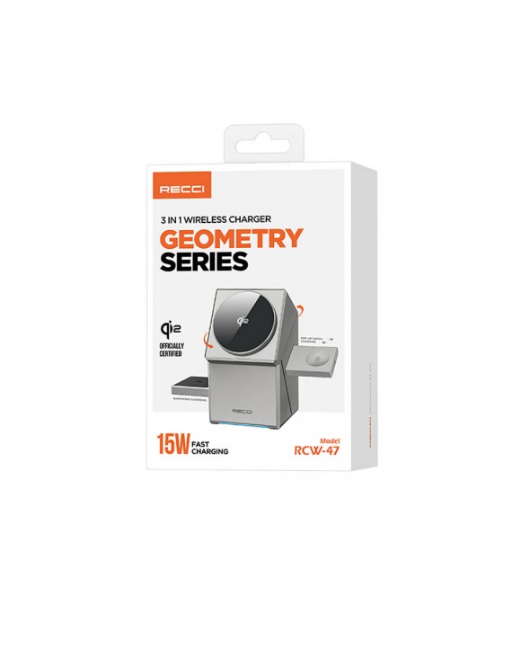 Recci RCW-47 Geometry Serisi Qi2 Şarj Teknolojili Rubik Küp Ambiyans Işıklı Telefon&Akıllı Saat&Kulaklık 15W 3in1 Kablosuz Şarj Standı