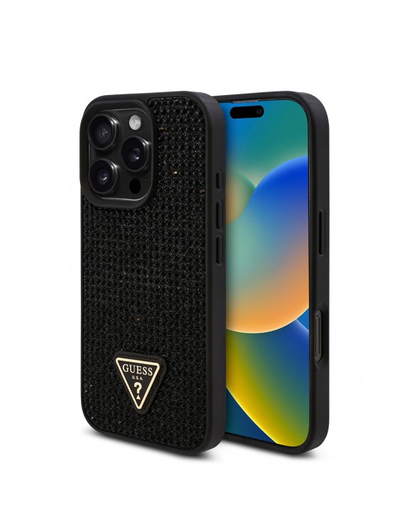 Apple iPhone 16 Pro Max Kılıf Guess Orjinal Lisanslı Taşlı Arka Yüzey Üçgen Logolu Kapak