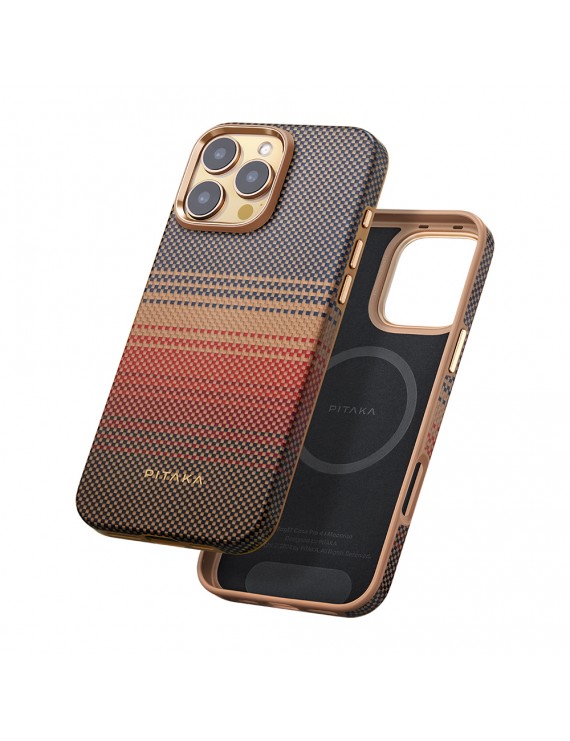 Apple iPhone 16 Pro Max Kılıf Magsafe Şarj Özellikli Aramid Fiber Pitaka Military-Grade Sunset-Moonrise Serisi Sunset Kapak